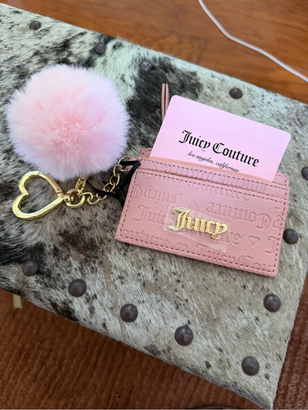 Juicy Couture Pink Card Holder with Fluffy Pom and Gold Hardware